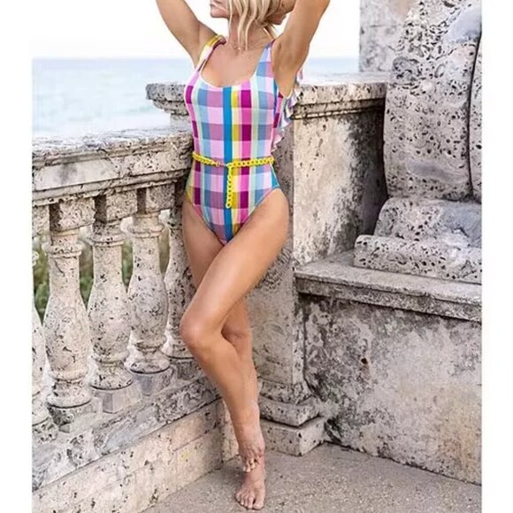 NWT Gianni Bini x Jess Southern Garden Plaid Ruffled Back Chain Belt One Piece - Picture 3 of 4